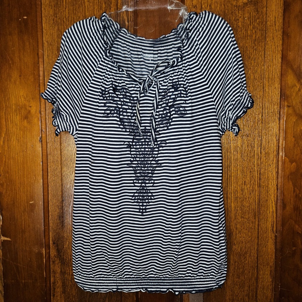Croft & Barrow Striped Top Womens Small Navy Blue White Ruffle Smocked Boho